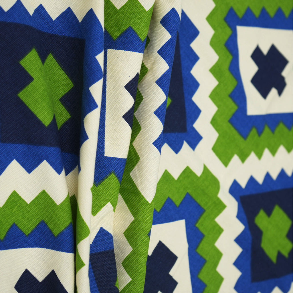 Premium Cotton Geometric Green & Blue Rectangular 8 Seater Table Cover