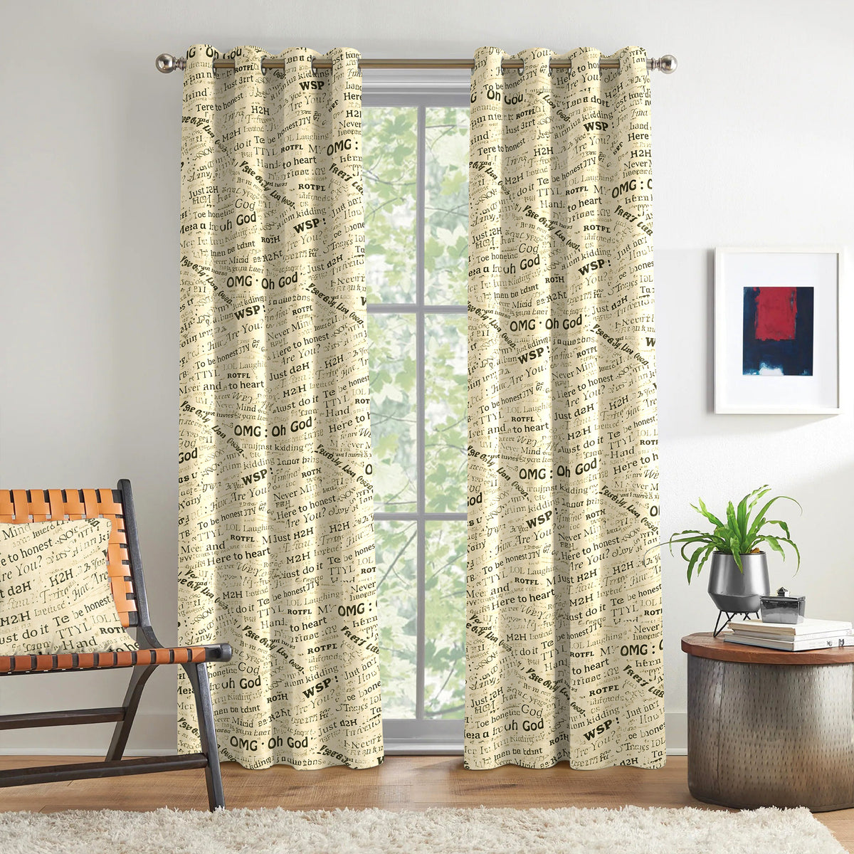 Ivory Black Typography Tales 240 GSM Polyester 80% Blackout Eyelet Curtain