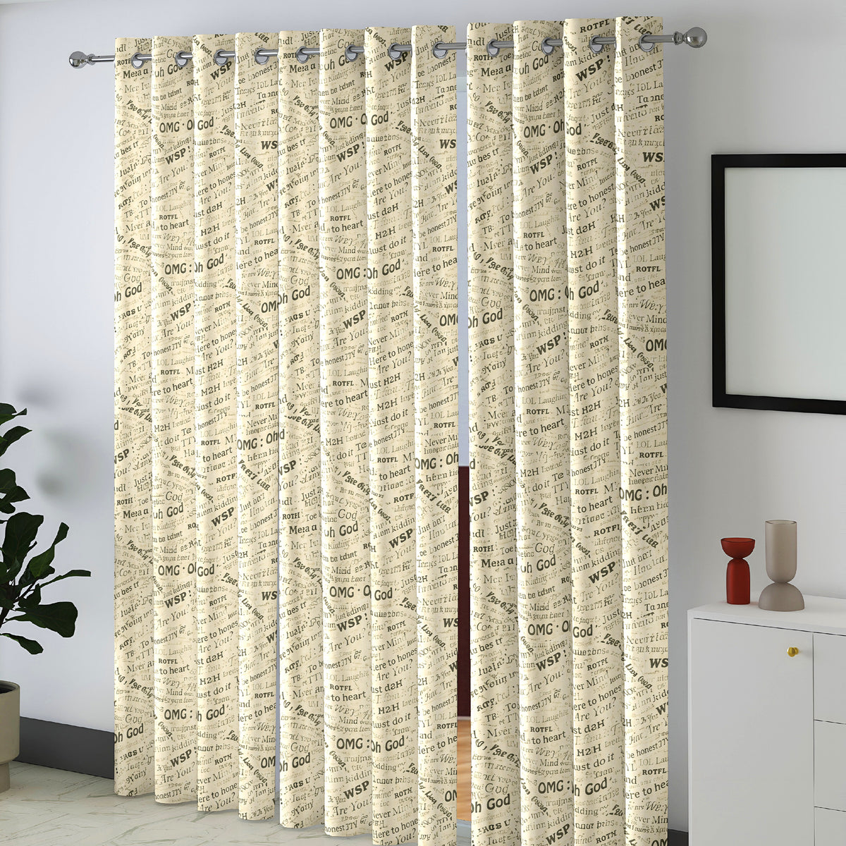 Ivory Black Typography Tales 240 GSM Polyester 80% Blackout Eyelet Curtain