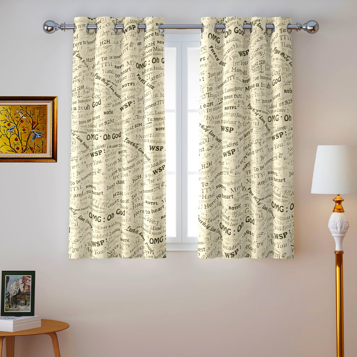 Ivory Black Typography Tales 240 GSM Polyester 80% Blackout Eyelet Curtain
