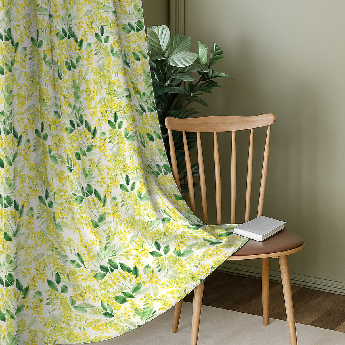 Ivory Golden Meadow Leaves 240 GSM Polyester 80% Blackout Eyelet Curtain