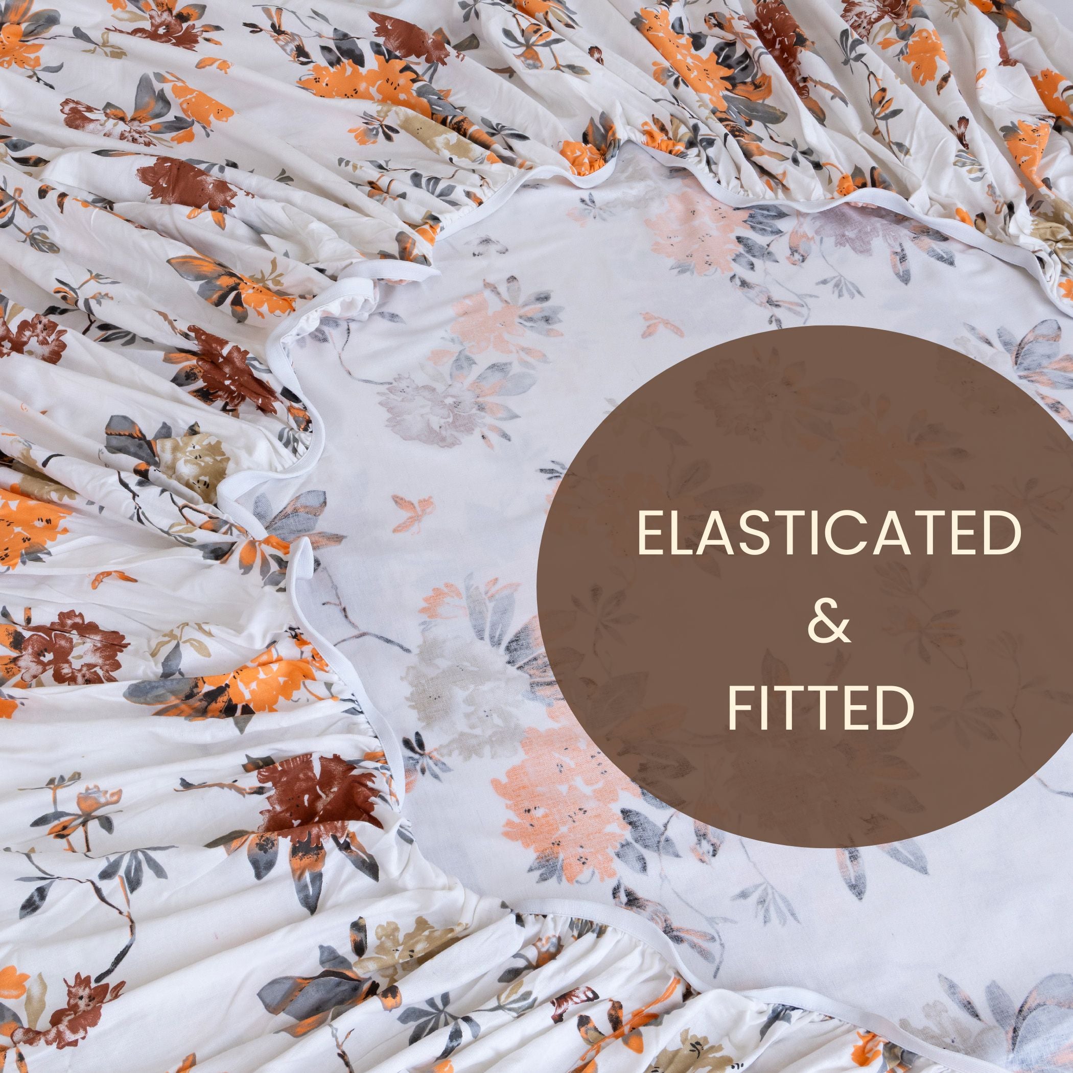 Grey Floral Vine Pure Cotton 210 TC King Fitted Bedsheet with 2 Pillow Covers (72x78x10 Inches)