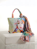 Whimsical Muse - Soft Pastel Shoulder Bag with Artistic Faces & Floral Scarf