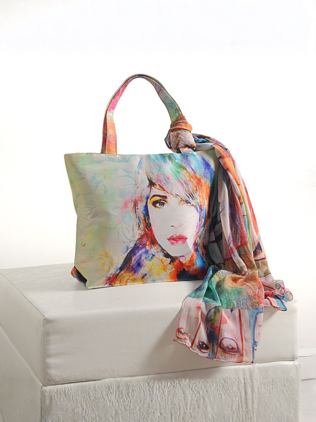 Whimsical Muse - Soft Pastel Shoulder Bag with Artistic Faces & Floral Scarf