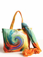 ColorRush Craze - Swirling Abstract Tote with Flowing Scarf