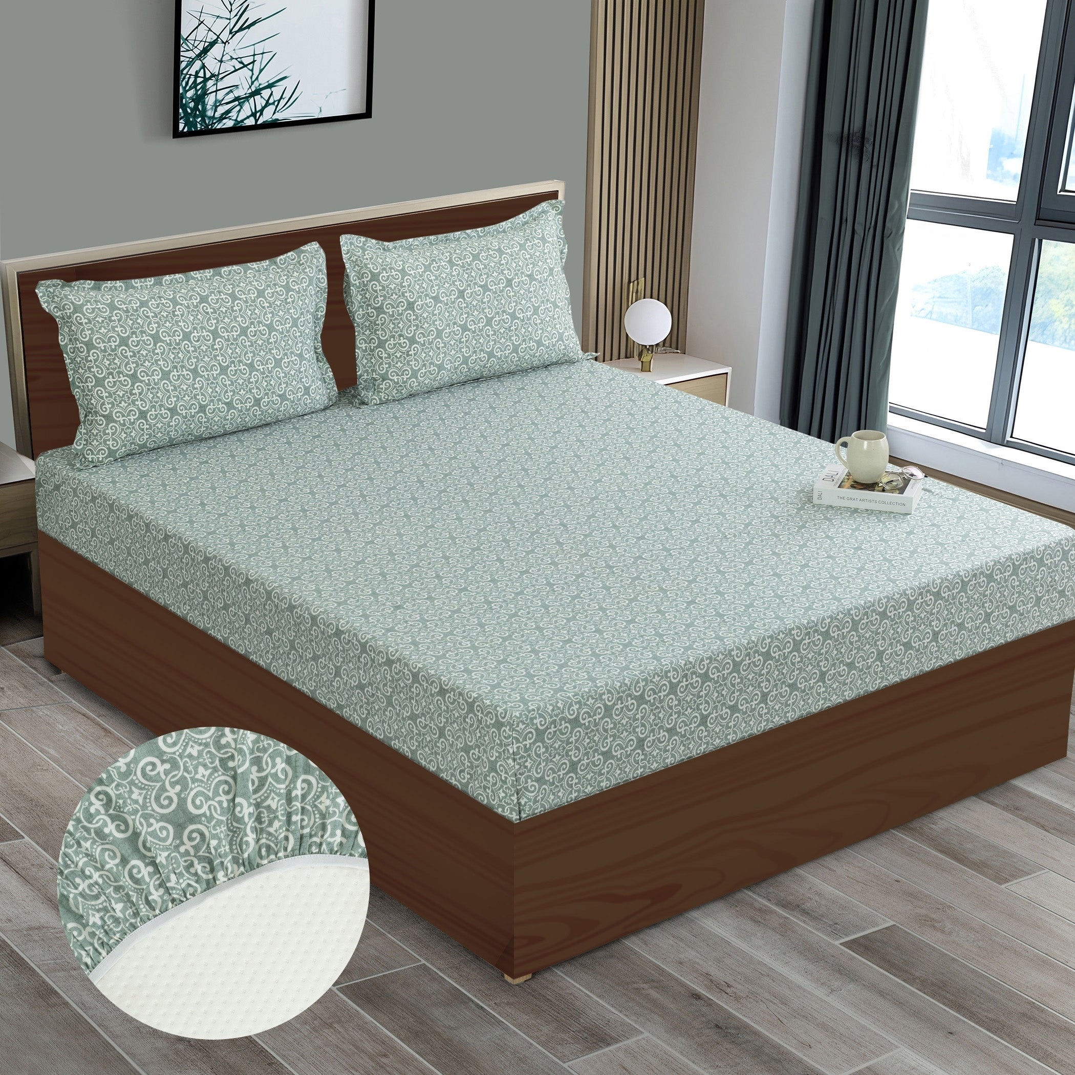 Ornamental Swirl Sage Green 210 TC Pure Cotton King Fitted Bedsheet with 2 Pillow Covers (72 x 78 x 10 Inches)