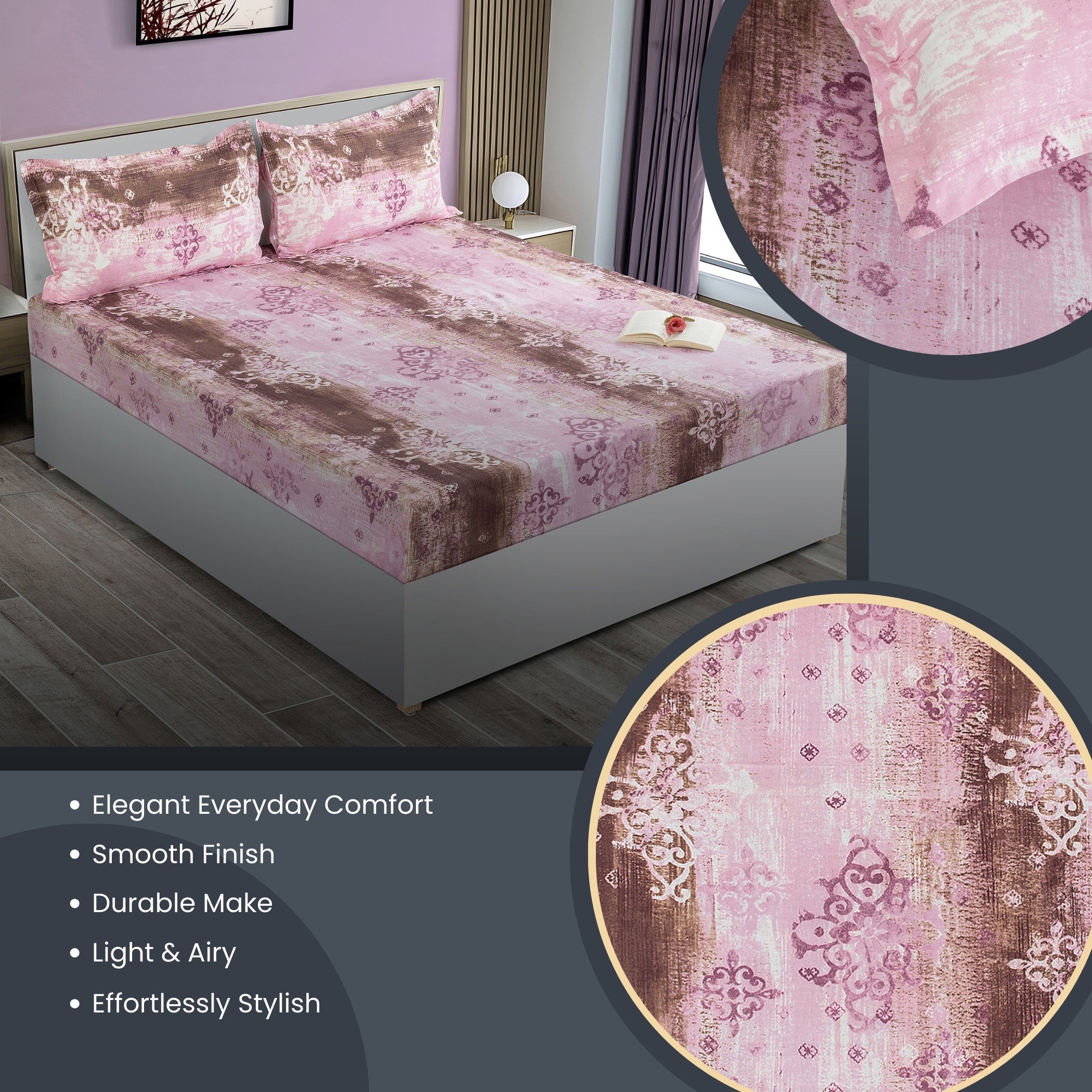 Rose Damask Pink & Brown Abstract 160 TC Pure Cotton Bedsheet with Pillow Cover