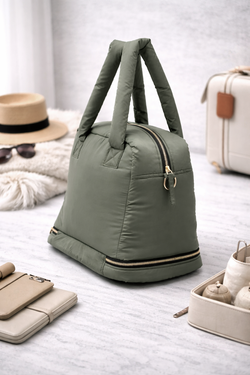 Puffer Overnighter Unisex Olive Duffel Bag