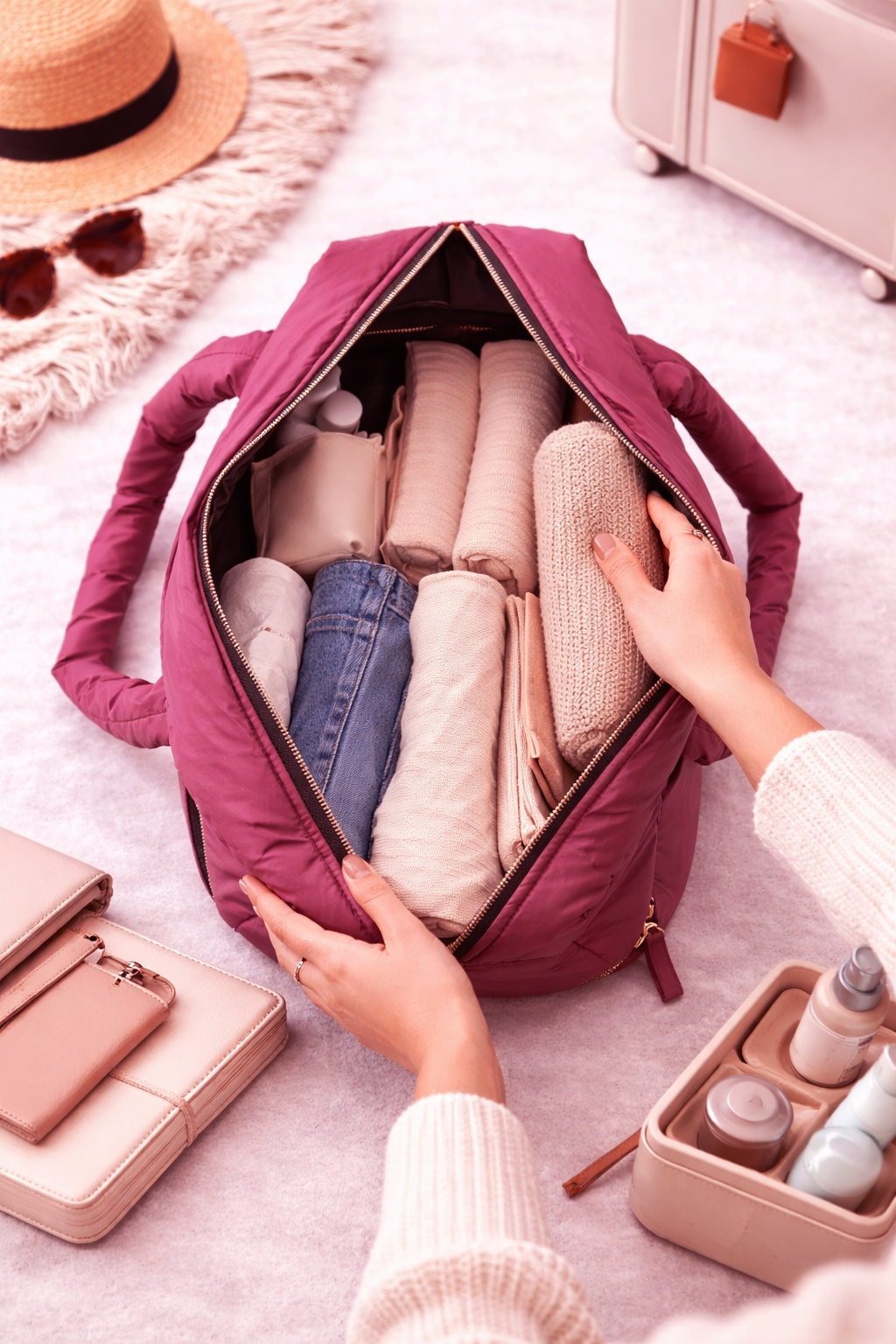 Puffer Overnighter Unisex Burgundy Duffel Bag