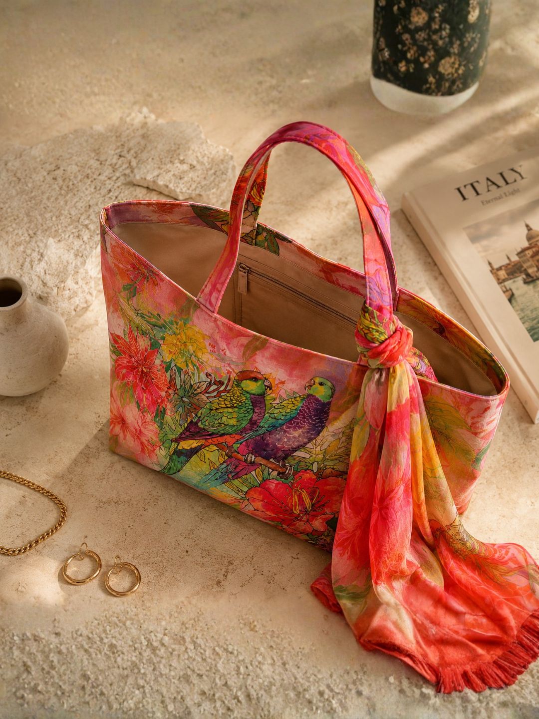 Floral Parrot Print Fashion Tote Bag with Matching Scarf