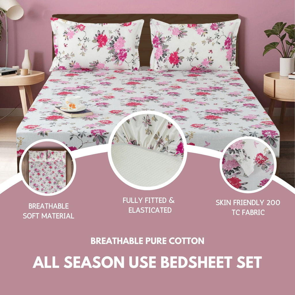Elegant Pink Floral Pure Cotton 210 TC King Fitted Bedsheet with 2 Pillow Covers (72x78x10 Inches)