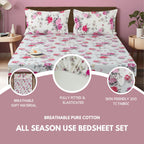 Elegant Pink Floral Pure Cotton 210 TC King Fitted Bedsheet with 2 Pillow Covers (72x78x10 Inches)