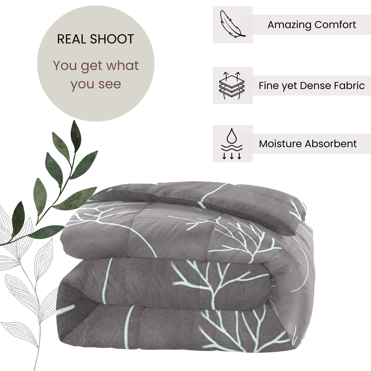 Premium Striped 100% Cotton AC Quilt 150 GSM Grey Pack of 1