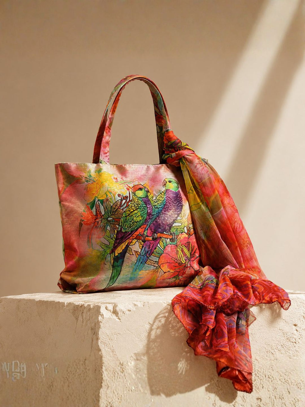Floral Parrot Print Fashion Tote Bag with Matching Scarf