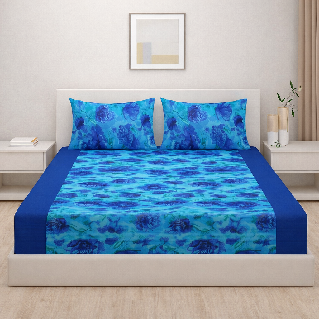 Oceanic Embrace - Deep Blue Floral 200TC Cotton Double King (90x108 Inches)
