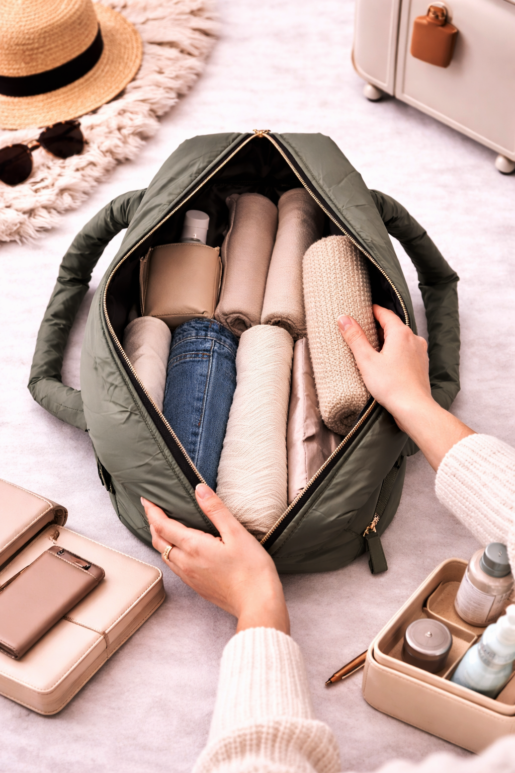 Puffer Overnighter Unisex Olive Duffel Bag