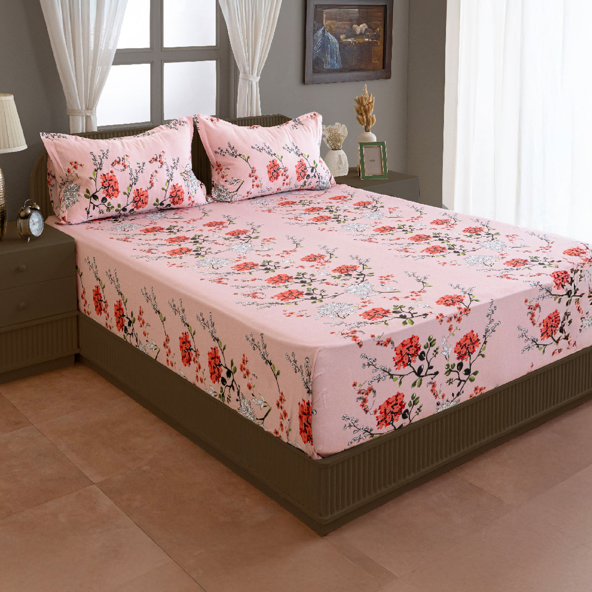 Blush Blossom Floral 200 TC Pure Cotton Bedsheet with Pillow Cover