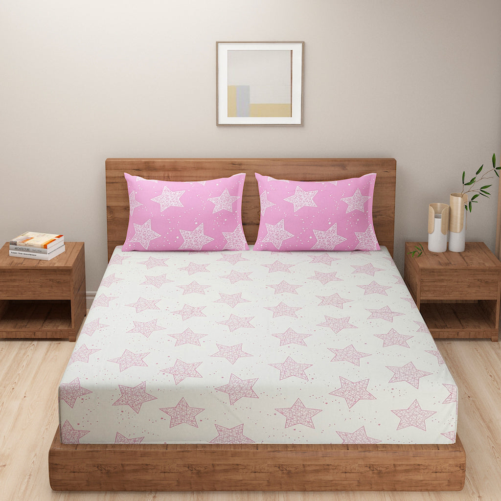 Pink Starry Dreams 180 TC Pure Cotton Bedsheet Set with Pillow Cover