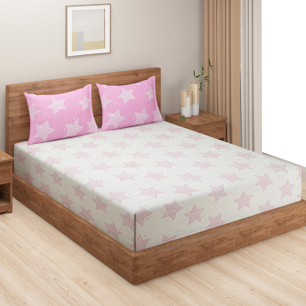 Pink Starry Dreams 180 TC Pure Cotton Bedsheet Set with Pillow Cover
