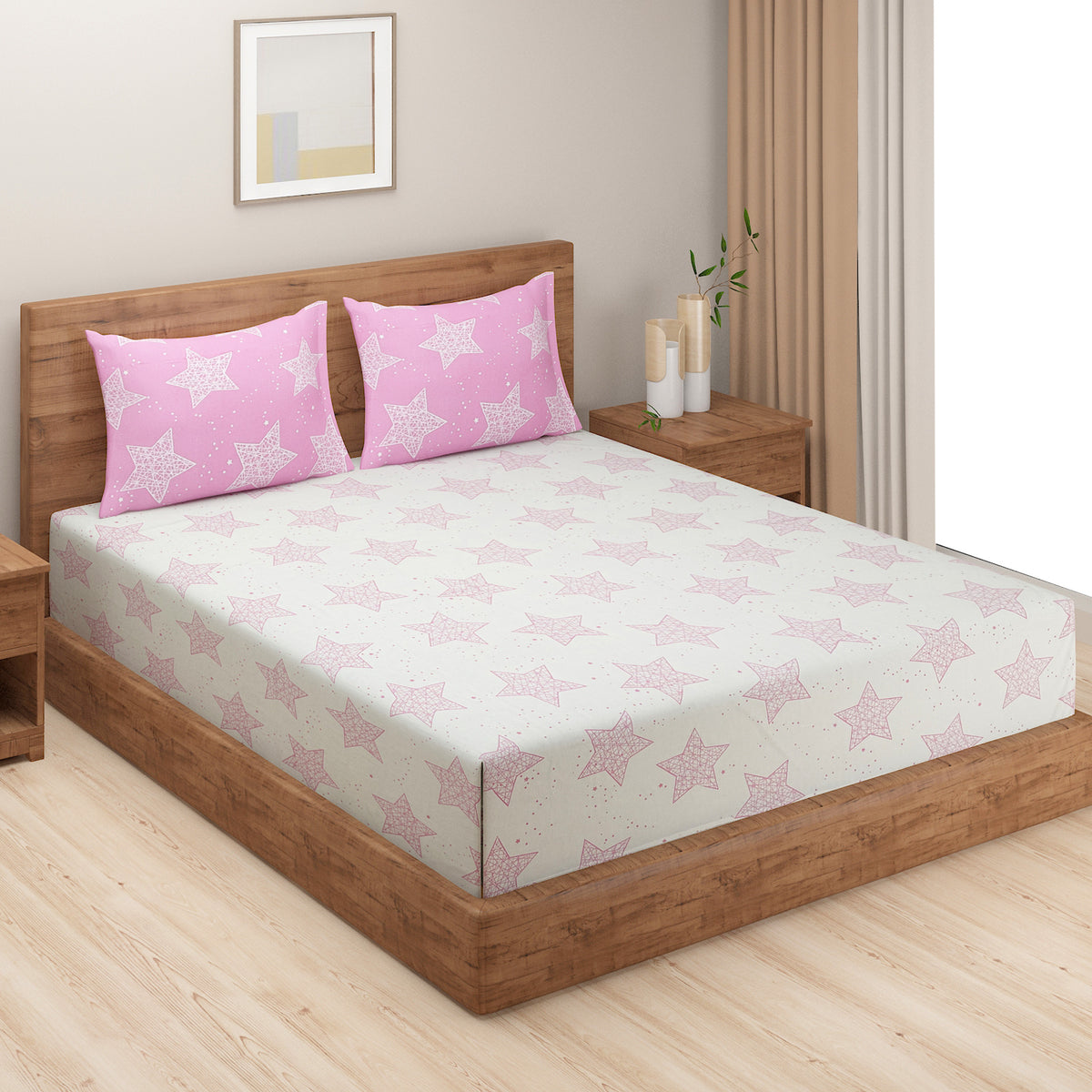 Pink Starry Dreams 180 TC Pure Cotton Bedsheet Set with Pillow Cover