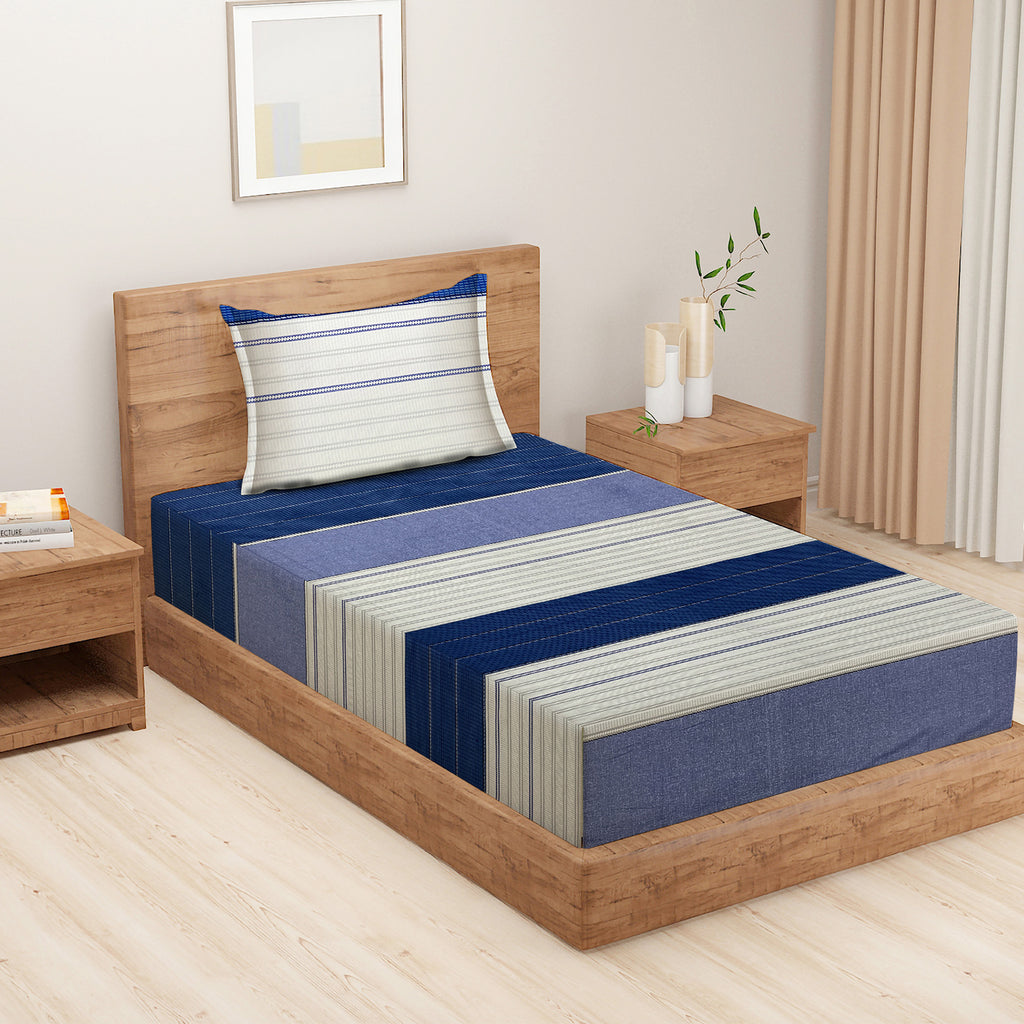 Navy Blue Linear Stripes 180 TC Pure Cotton Bedsheet Set with Pillow Cover