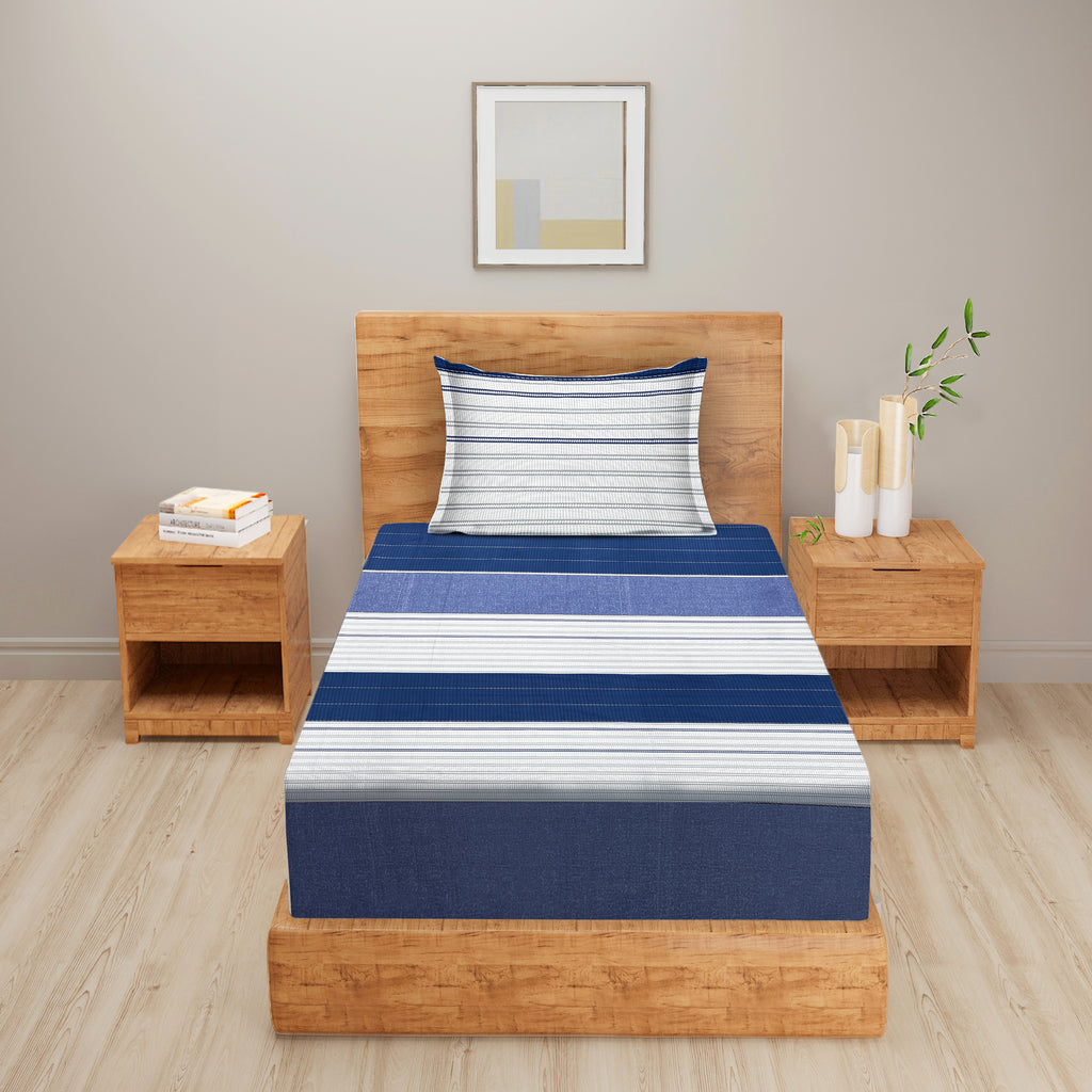 Navy Blue Linear Stripes 180 TC Pure Cotton Bedsheet Set with Pillow Cover
