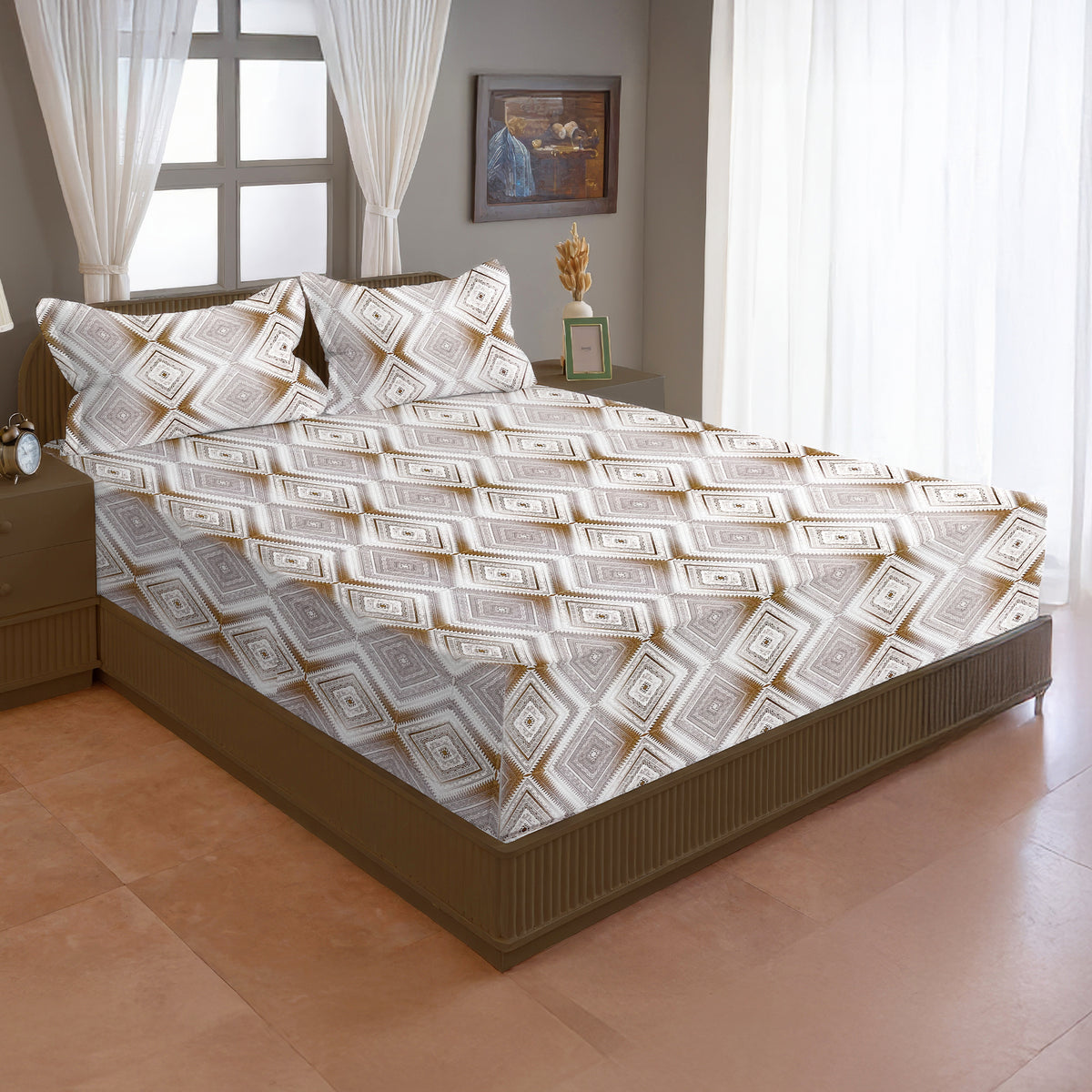 Ivory Diamond Geometric 200 TC Pure Cotton Bedsheet with Pillow Cover