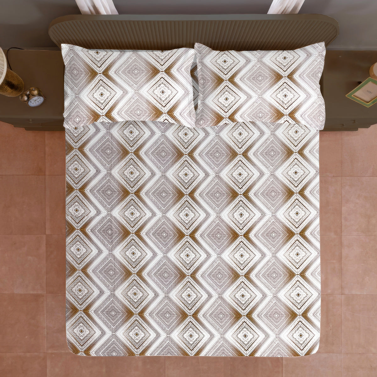 Ivory Diamond Geometric 200 TC Pure Cotton Bedsheet with Pillow Cover