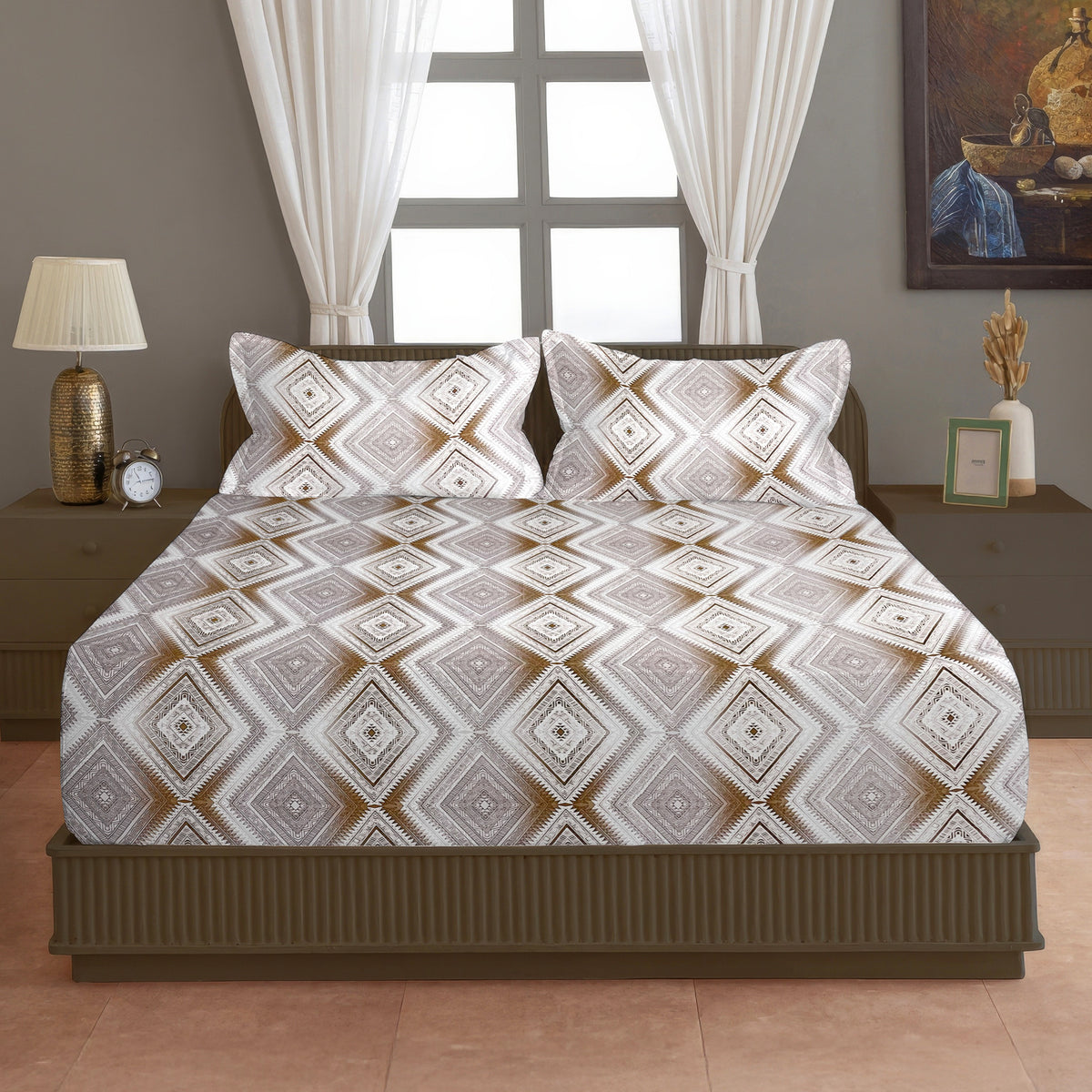 Ivory Diamond Geometric 200 TC Pure Cotton Bedsheet with Pillow Cover