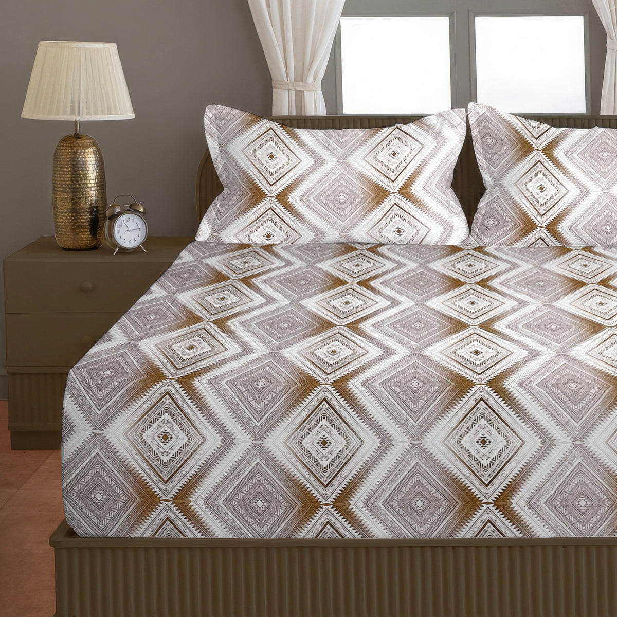 Ivory Diamond Geometric 200 TC Pure Cotton Bedsheet with Pillow Cover