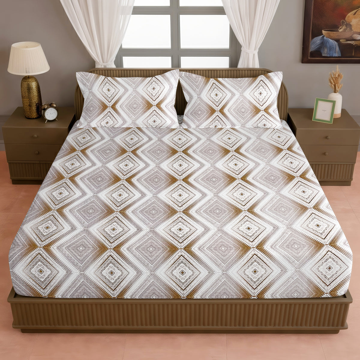 Ivory Diamond Geometric 200 TC Pure Cotton Bedsheet with Pillow Cover