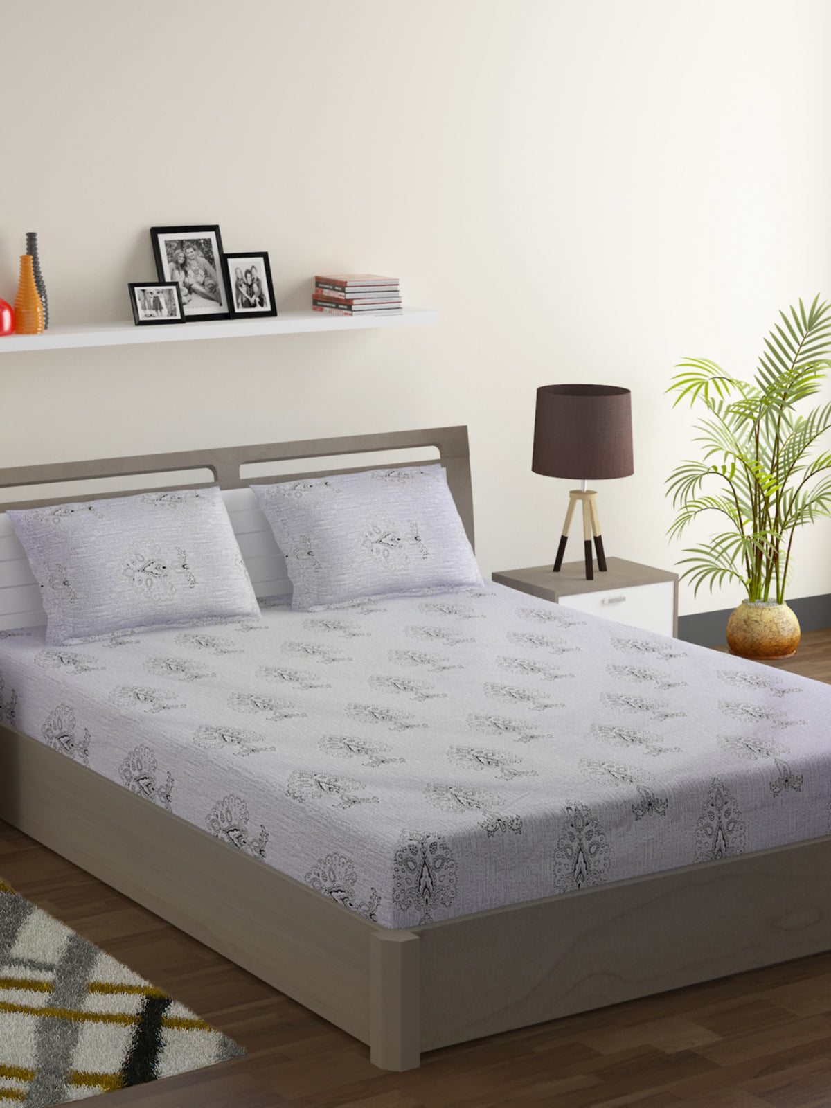 Silver Paisley Elegance 180 TC Pure Cotton Bedsheet Set with Pillow Cover