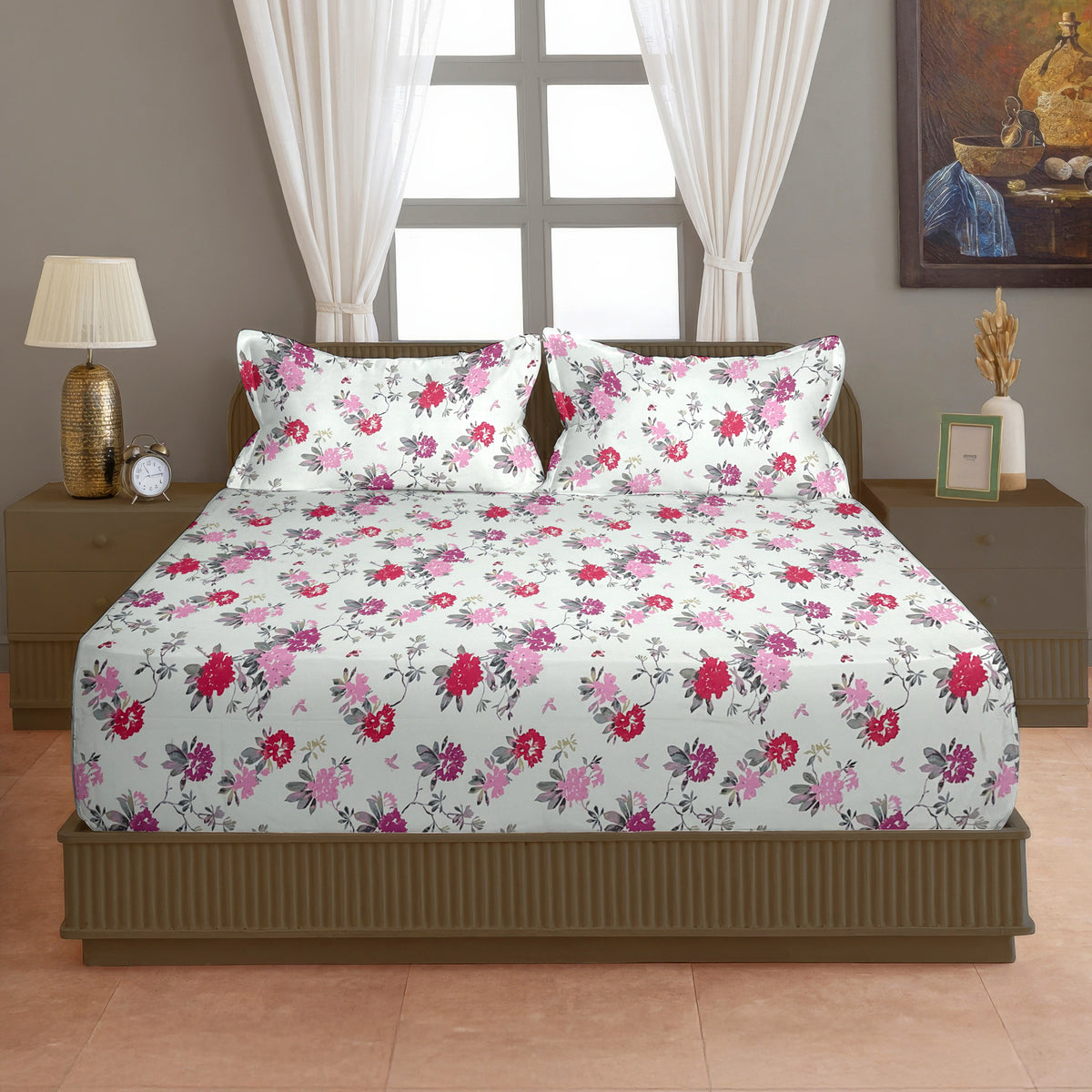 Pink Blossom Floral 200 TC Pure Cotton Bedsheet with Pillow Cover