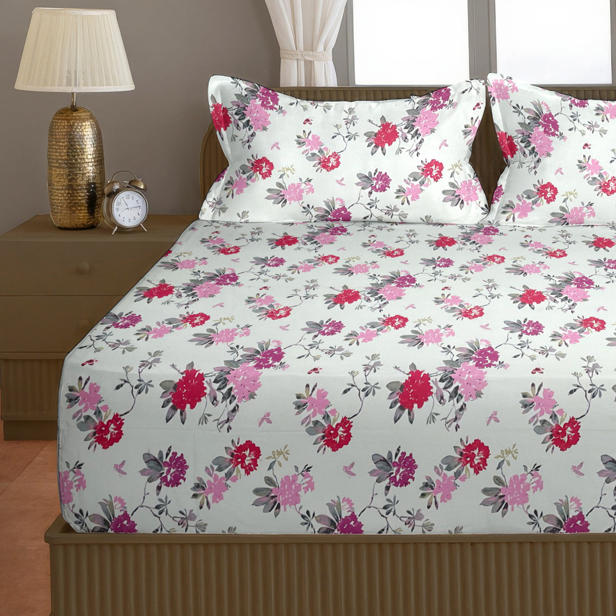 Pink Blossom Floral 200 TC Pure Cotton Bedsheet with Pillow Cover