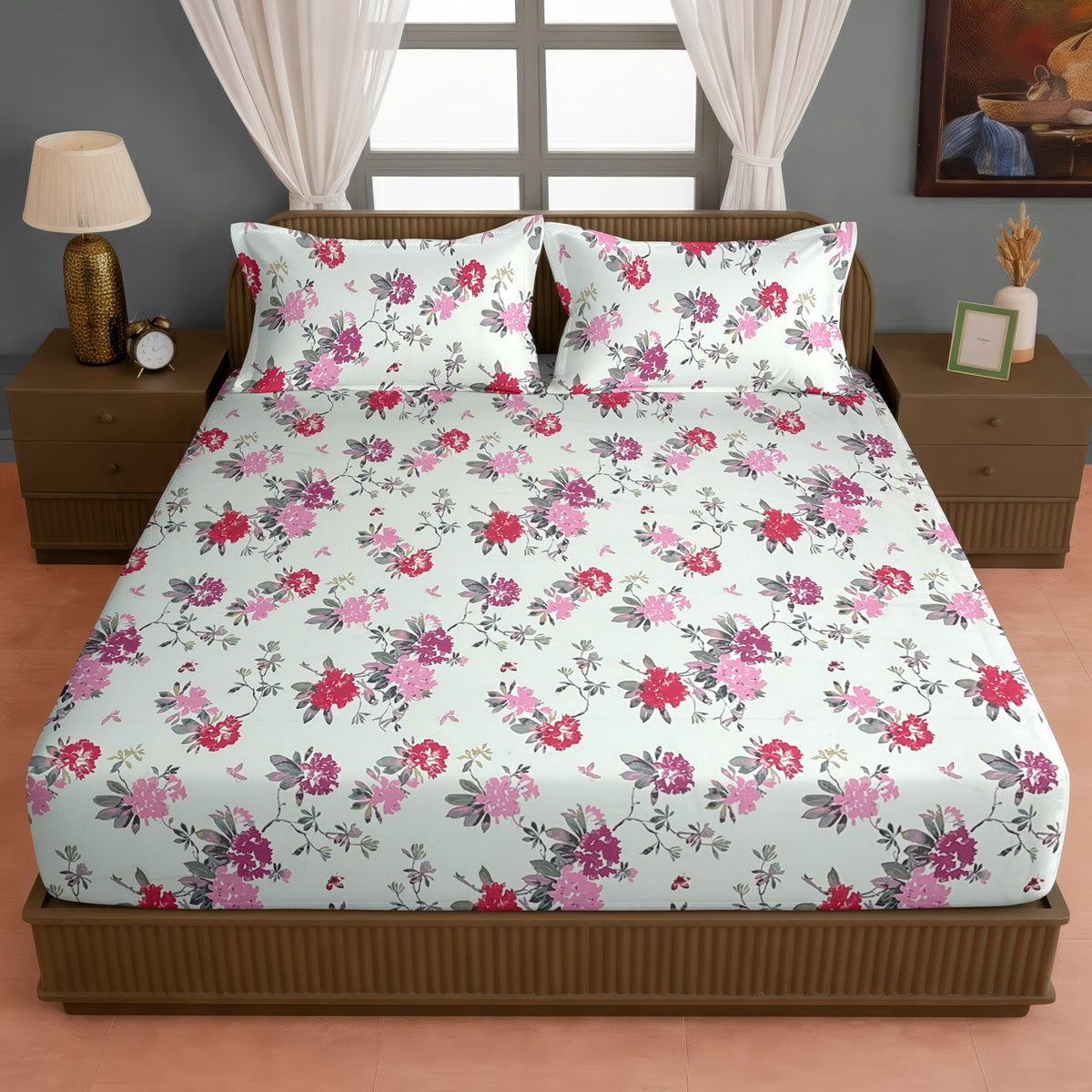 Pink Blossom Floral 200 TC Pure Cotton Bedsheet with Pillow Cover