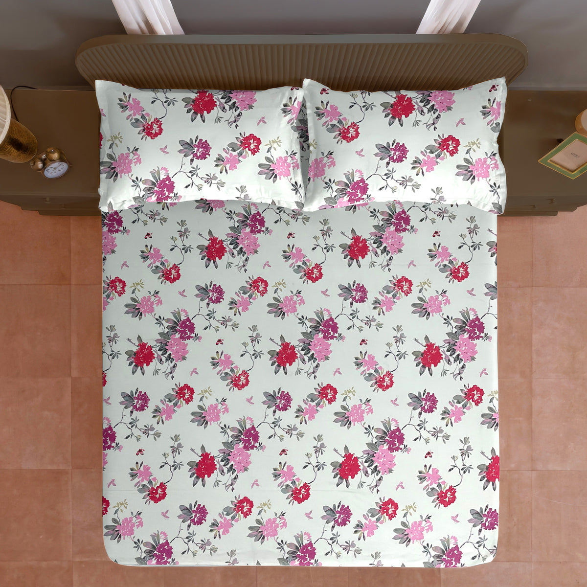 Pink Blossom Floral 200 TC Pure Cotton Bedsheet with Pillow Cover