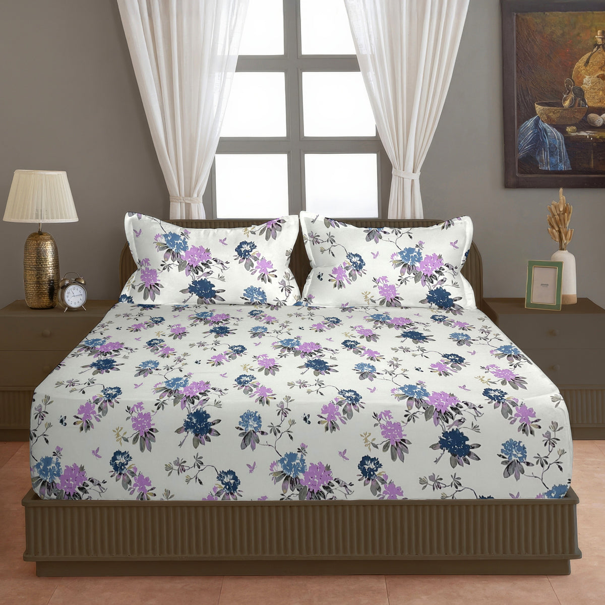 Blue Lavender Blossom Floral 200 TC Pure Cotton Bedsheet with Pillow Cover
