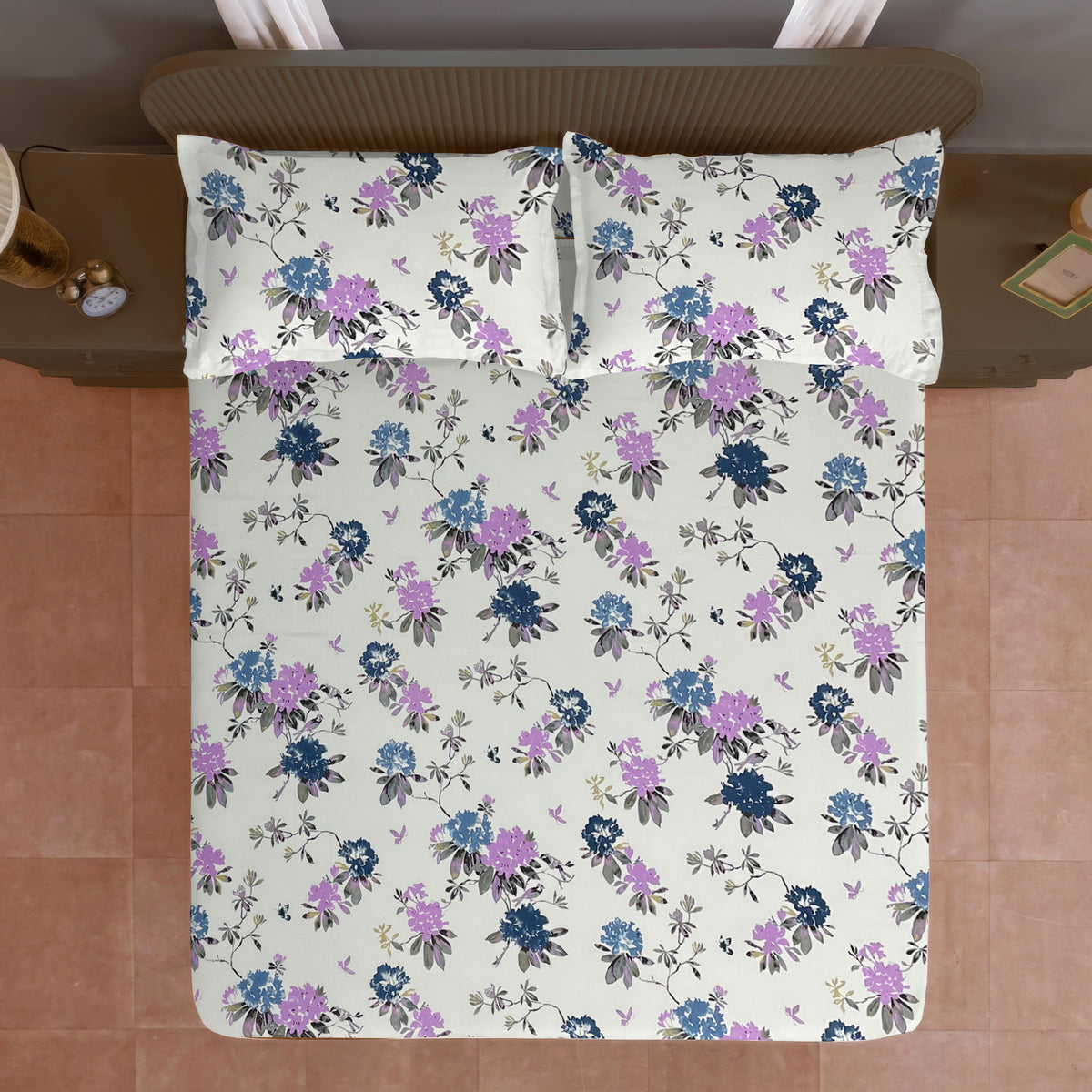 Blue Lavender Blossom Floral 200 TC Pure Cotton Bedsheet with Pillow Cover