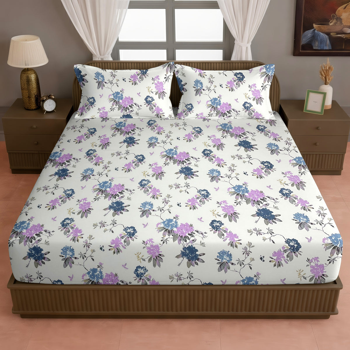 Blue Lavender Blossom Floral 200 TC Pure Cotton Bedsheet with Pillow Cover
