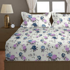 Blue Lavender Blossom Floral 200 TC Pure Cotton Bedsheet with Pillow Cover