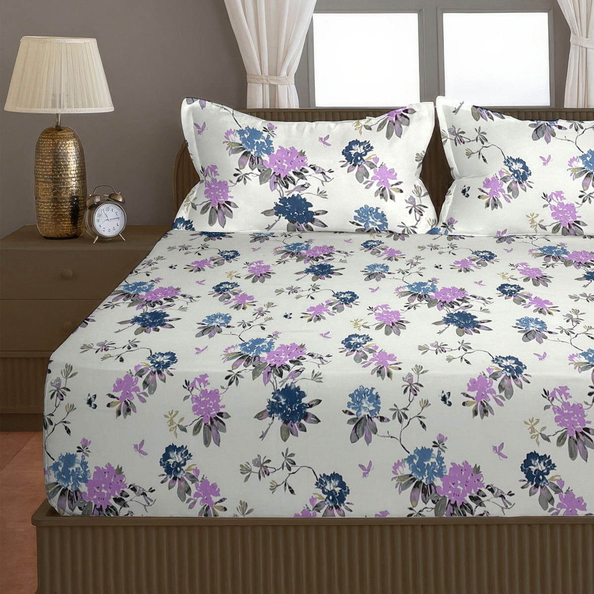 Blue Lavender Blossom Floral 200 TC Pure Cotton Bedsheet with Pillow Cover