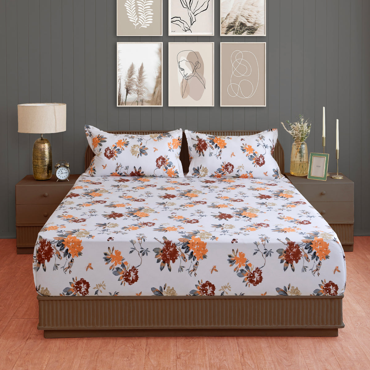 Yellow Orange Blossom Floral 200 TC Pure Cotton Bedsheet with Pillow Cover