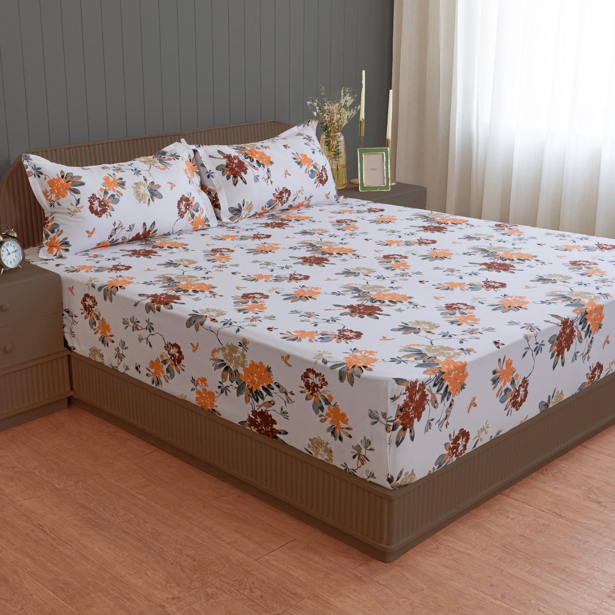 Yellow Orange Blossom Floral 200 TC Pure Cotton Bedsheet with Pillow Cover