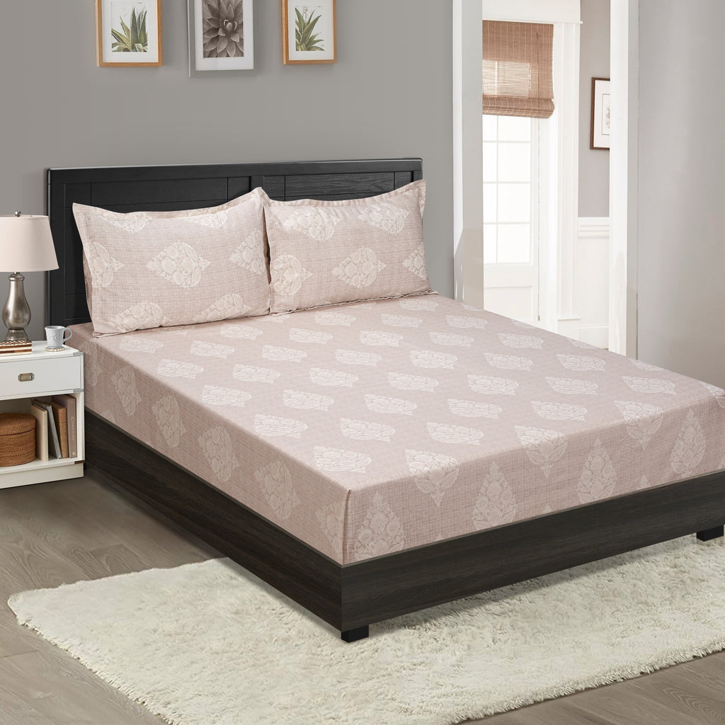 Blush Taupe Floral Medallion 180 TC Pure Cotton Bedsheet Set with Pillow Cover