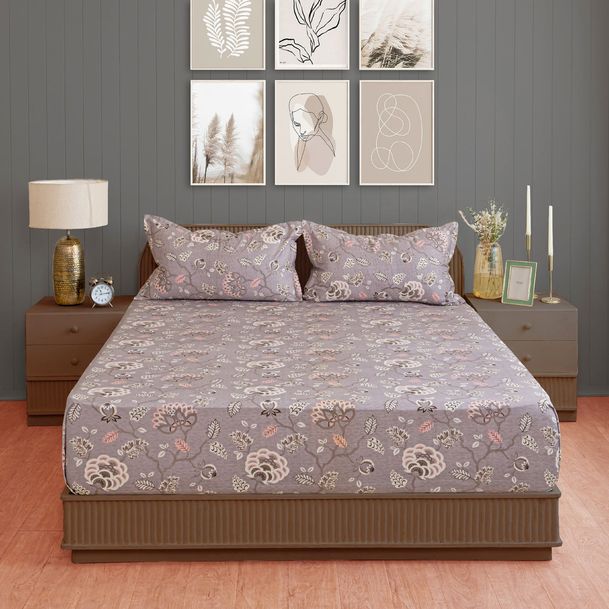 Taupe Blossom Floral 200 TC Pure Cotton Bedsheet with Pillow Cover