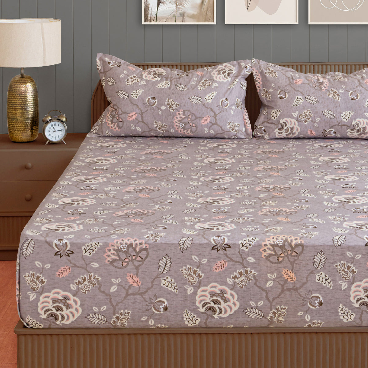 Taupe Blossom Floral 200 TC Pure Cotton Bedsheet with Pillow Cover