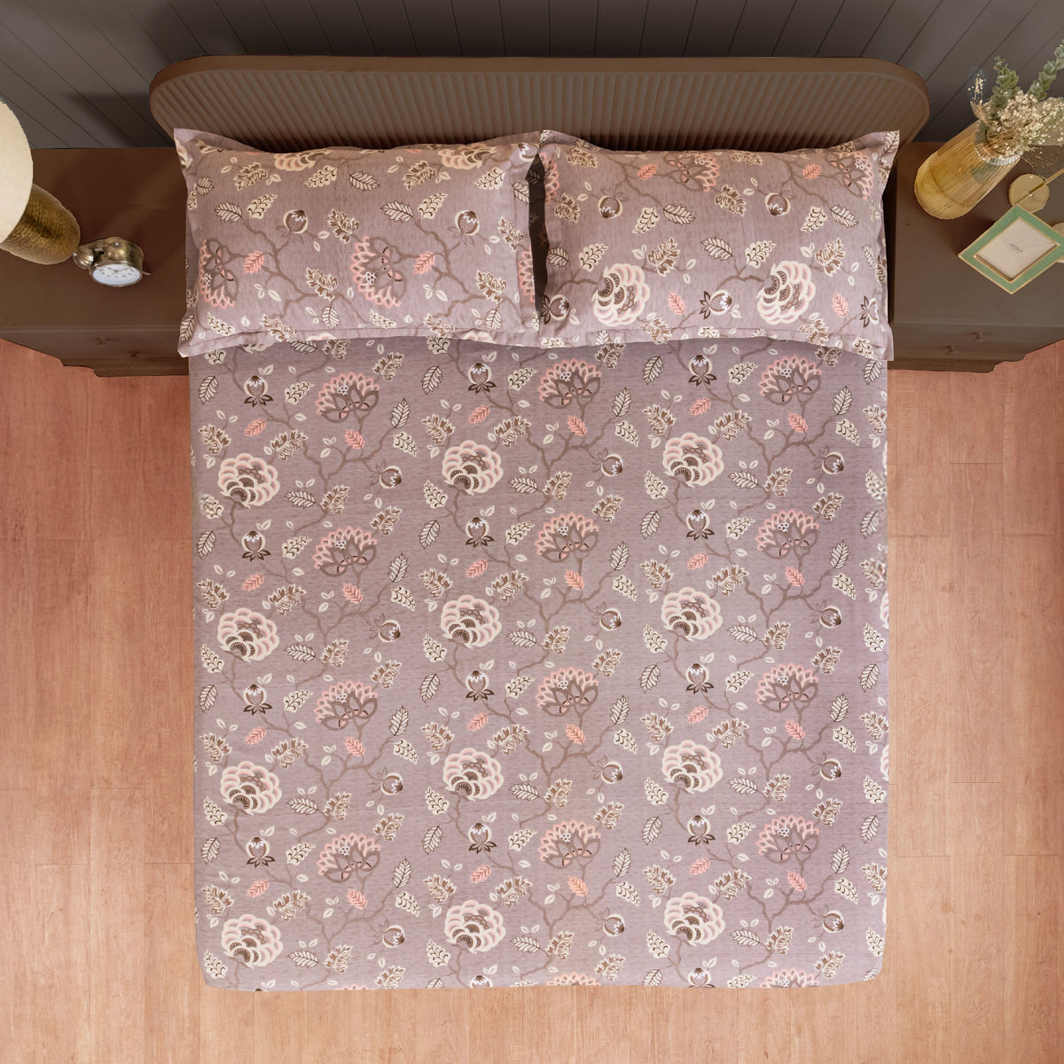 Taupe Blossom Floral 200 TC Pure Cotton Bedsheet with Pillow Cover