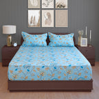Sky Blue Botanical Bloom 180 TC Pure Cotton Bedsheet Set with Pillow Cover