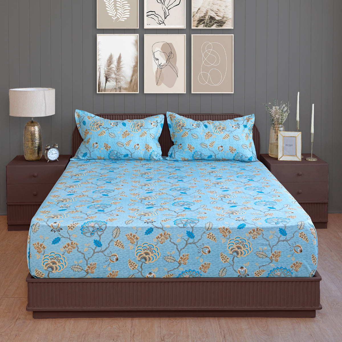 Sky Blue Botanical Bloom 180 TC Pure Cotton Bedsheet Set with Pillow Cover
