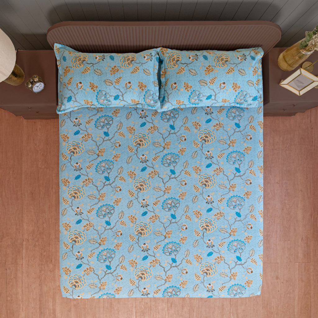 Sky Blue Botanical Bloom 180 TC Pure Cotton Bedsheet Set with Pillow Cover